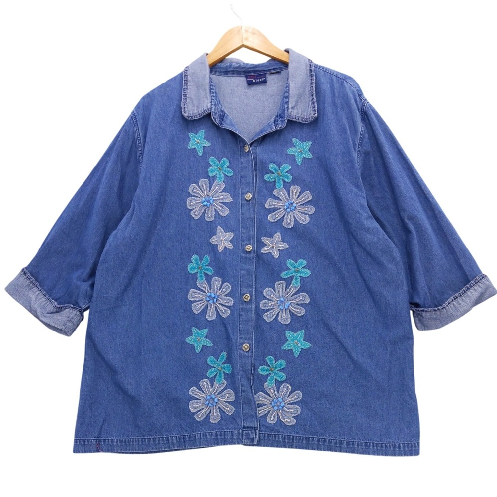 vtg CST Blues Embellished Floral Denim Shirt 2x Teacher Grandmacore‎ Chambray